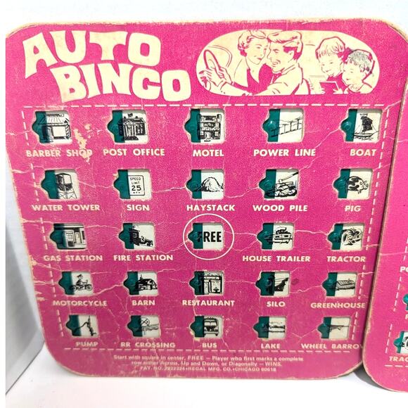 Lot of 7 Vtg Travel Cardboard Auto Bingo Cards by Regal Games  Pink Blue Green - Picture 2 of 16